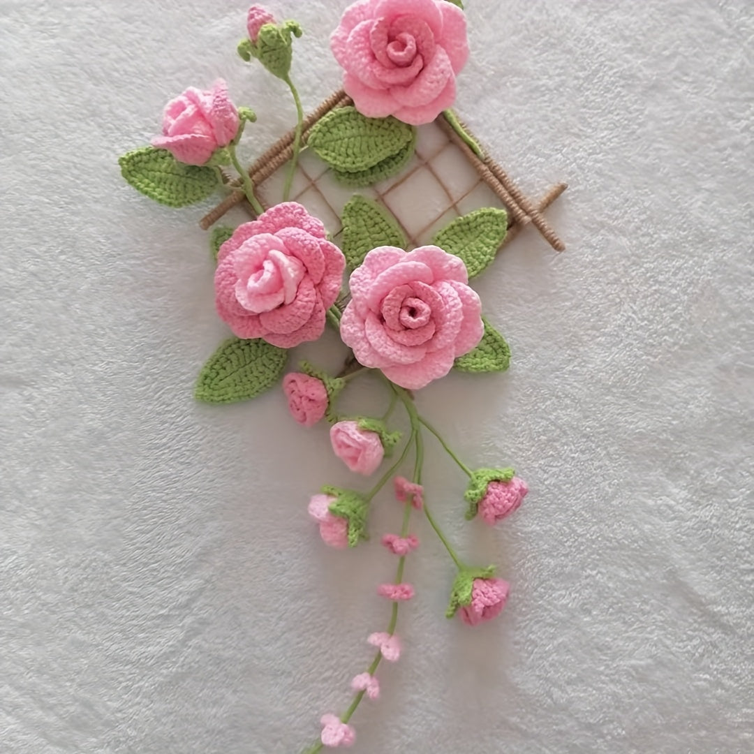 1Bohemian Crochet Flower Decorative Wall Hanging Set,DIY Interesting Spring Pink Floral Home Decor,Knitted Rose Artificial Flower Wall Hanging Decoration,Gift for Family、Friends、A housewarming gift for a colleague's new home