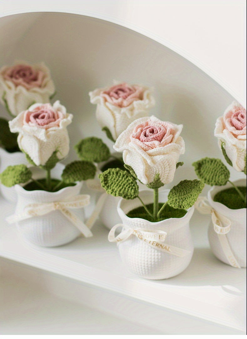 Finished Handmade Yarn Crochet Rose Artificial Flower Potted Plant Office Desk Potted Plant Knitted Flower Ornament