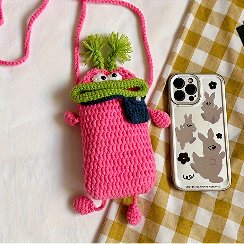 Fashion Handmade Crochet Animal Print Crossbody Bag - Cute woven fabric phone pouch with flap cover,Women's fashion accessories perfect choice