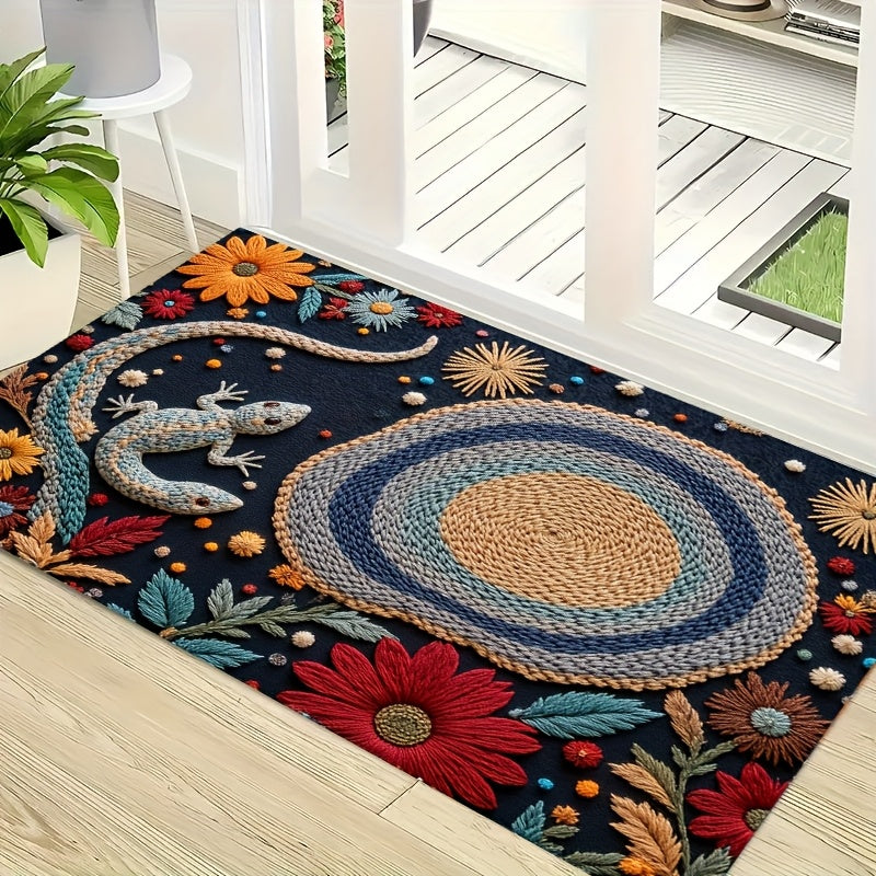 1pc Bohemian Crochet Lizard & Floral Design Velvet Carpet, 850g/m² + 6mm Thick, Polyester Backing, Natural & Stylish for Home Decor, Picnics, Desk, Camping, Room Decoration, Picnic Mat | Floral Pattern Mat | Durable Floor Ma