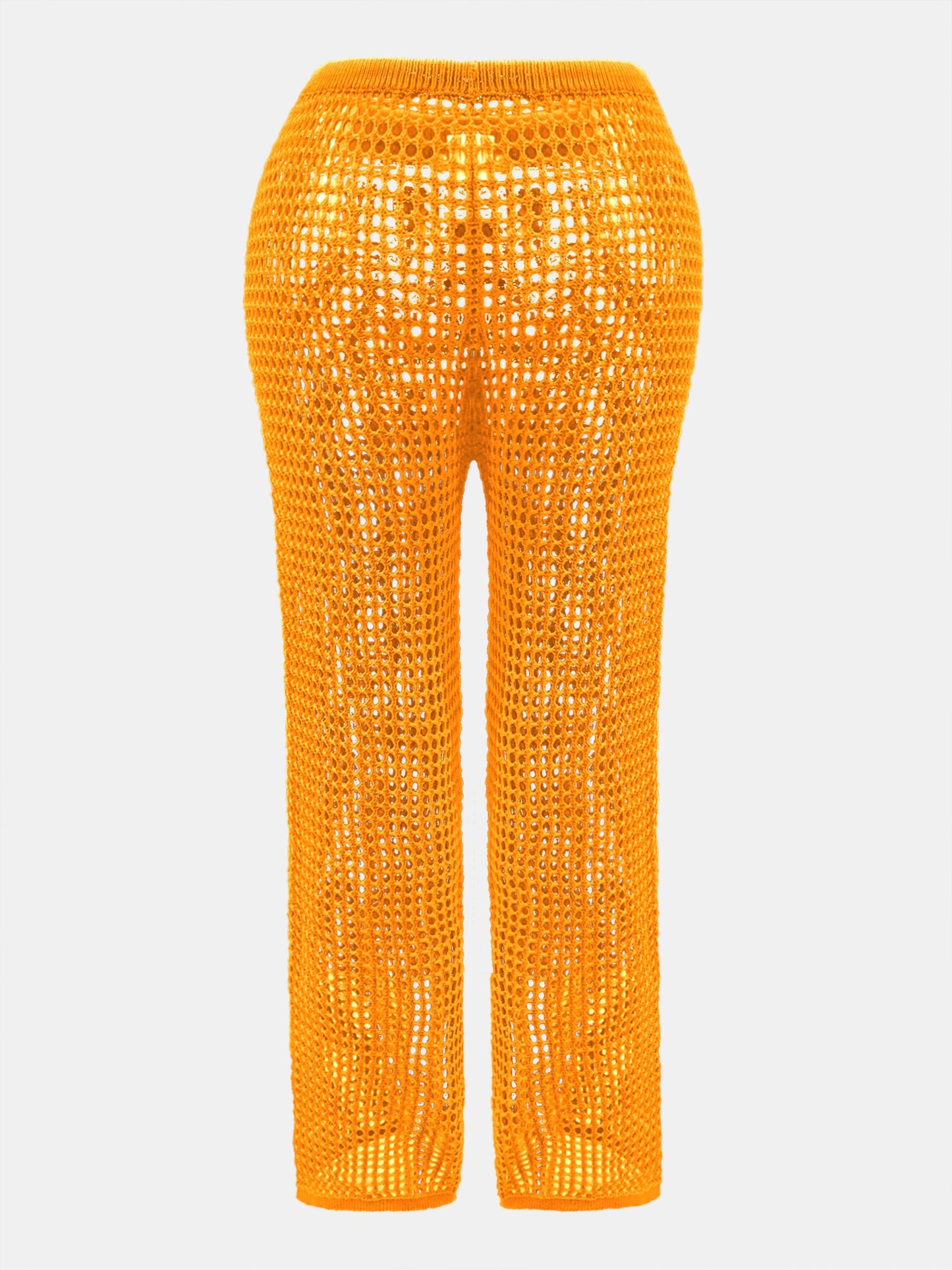 Women's Bright Orange Crochet-Texture Drawstring Waist Straight-Leg Beach Pants - Lightweight Semi-Sheer Summer Vacation Pants with Medium Stretch, Hand Wash/Dry Clean, Beach Clothes
