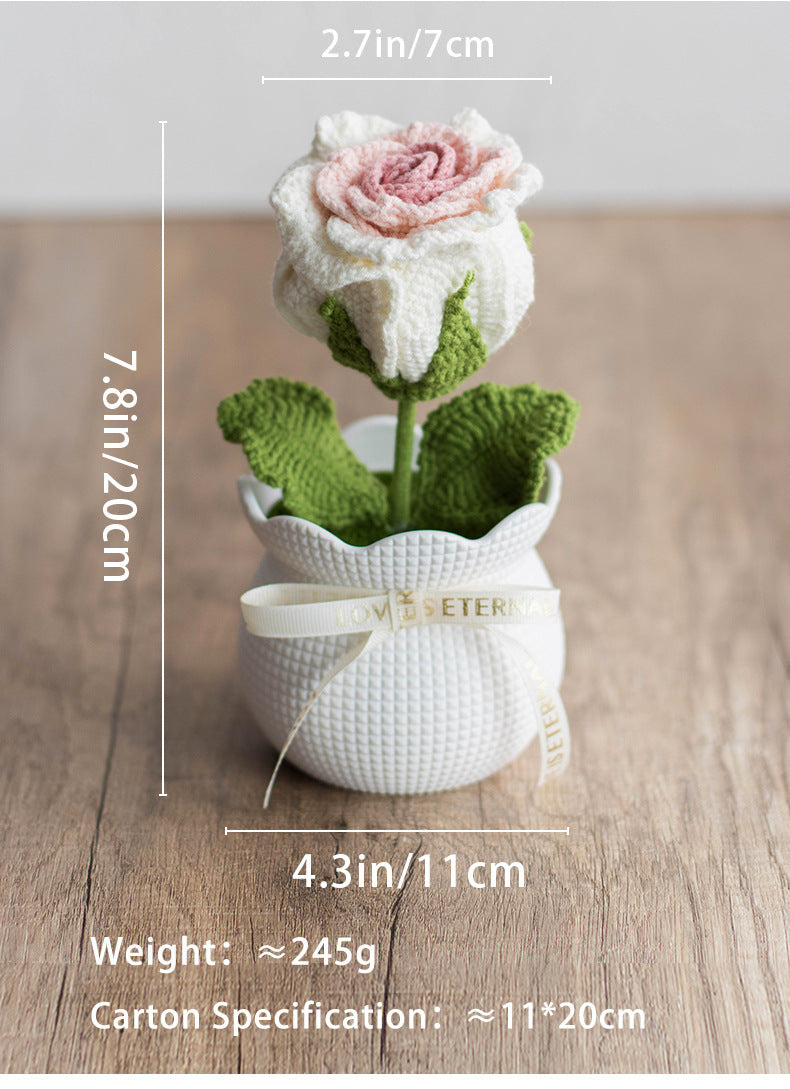 Finished Handmade Yarn Crochet Rose Artificial Flower Potted Plant Office Desk Potted Plant Knitted Flower Ornament