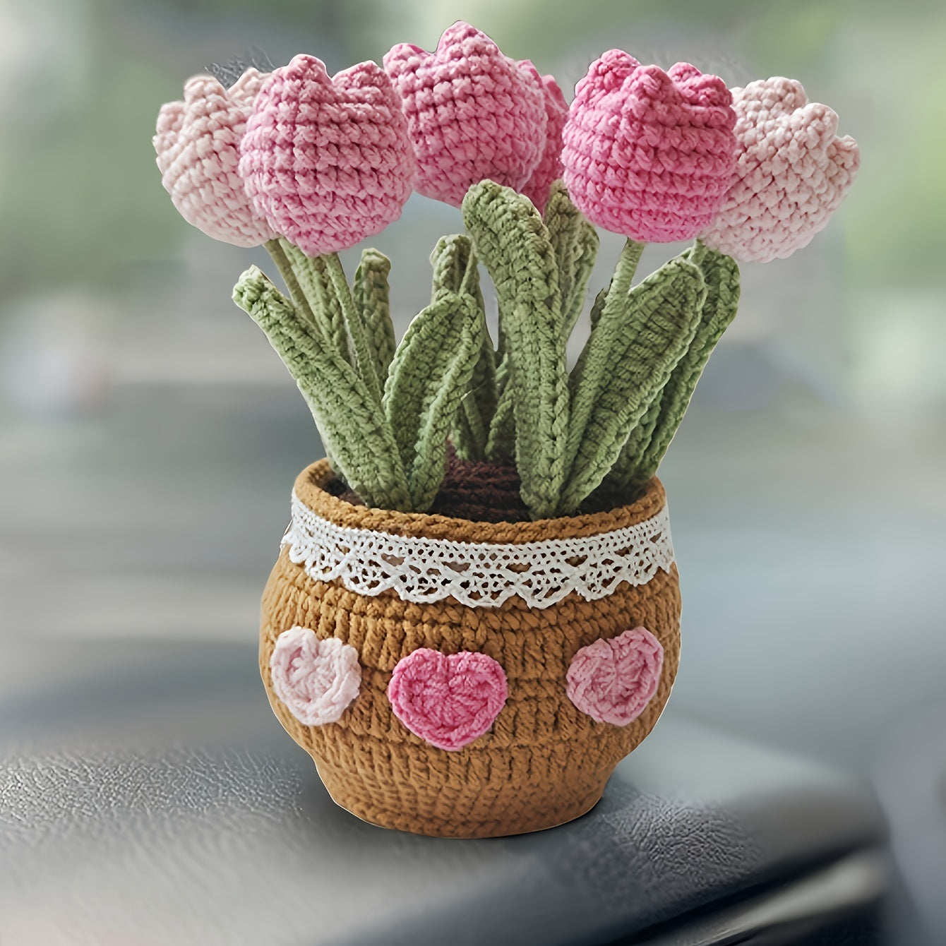 1Handmade Crochet Tulip Flower Pot Decoration for Car Dashboard,Eternal Fabric Floral Imitation Gemstone,Car Decoration,Home Gardening Lucky Twisting Line Potted Plants - Car Dashboard Hanging Decoration