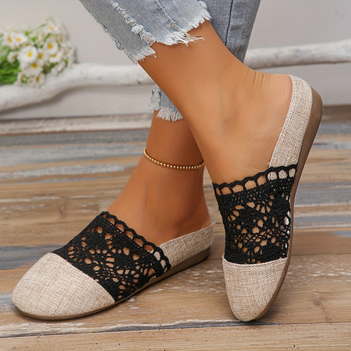 Women'S Casual Slip-On Mules - Breathable Linen and Mesh Summer Sandals, Flat Heel, Lightweight TPR Sole, Outdoor Comfort, Crochet Shoe Design | Knitted Texture Footwear, Comfortable Footwear | Crochet Pattern | Breathable Sandals