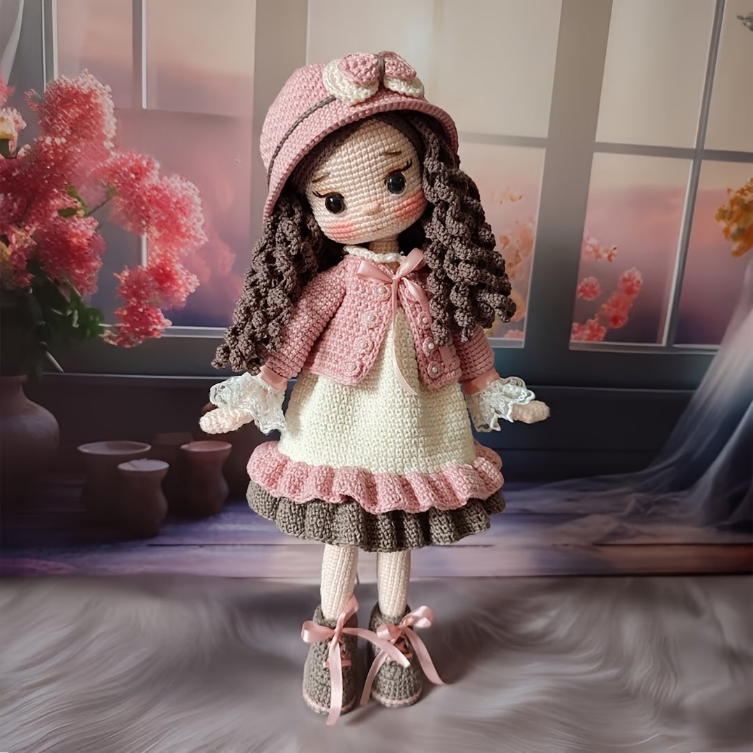 1 Set of Little Girl in Pink Dress with Beautiful Hat, DIY Crochet Material Pack for Adults Includes Yarn, Hook, English Manual and Step-by-Step Video Teaching, Perfect Holiday Gift, Easter, Valentine'S Day, Birthday Present - Unfinished