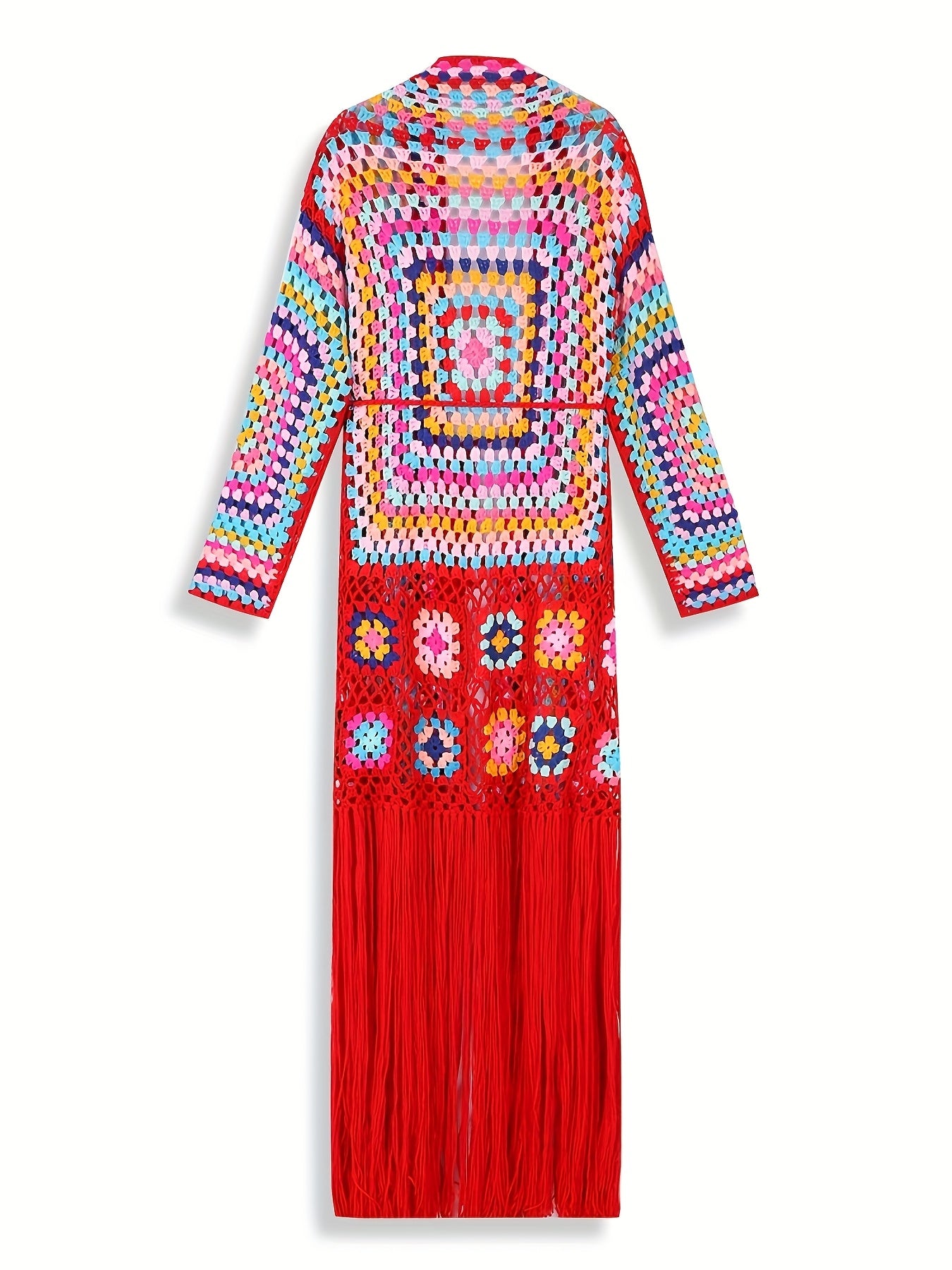 EDOLYNSA Handmade Hollow Crochet Long Sleeve Tassel Women'S Knit Jacket, Elegant Cropped Knit Cardigan, Ethnic Style, Casual, Sweater, Beach Cover-Up A121