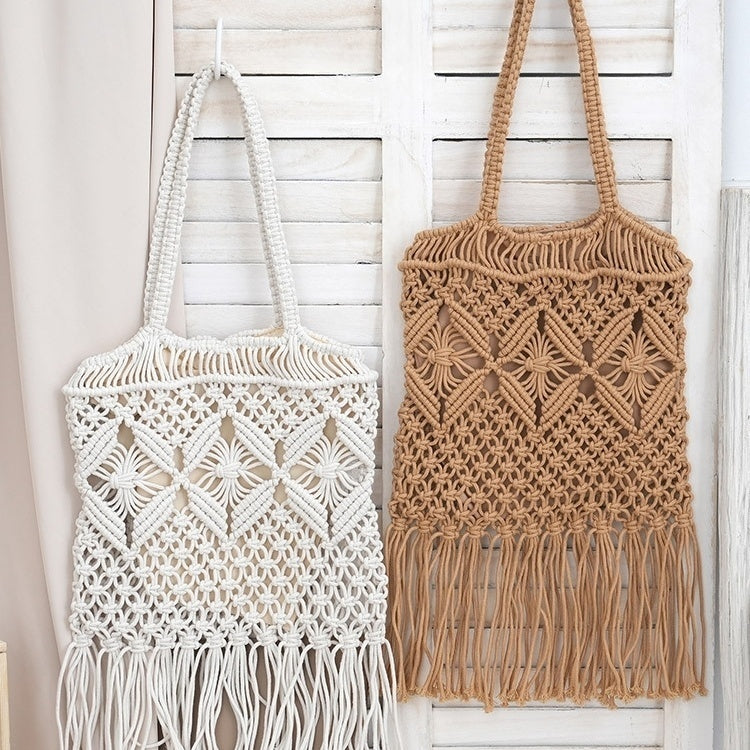 Straw Woven Bag Retro Hollow Handmade Woven Shoulder New Cotton Thread Crossbody Bag Casual Vacation Bucket Beach Bag02