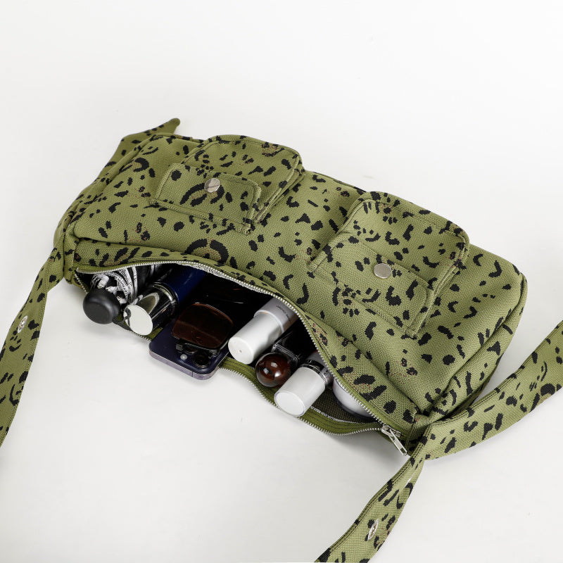 Three-Color Leopard Print Crossbody Bag ins Wind2025New Trendy Cool Retro Street Style Women's Bag Leopard Print Cotton Canvas Bag