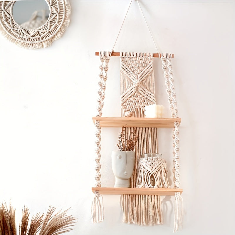 Bohemian Style Handwoven Wall Hanging,Double-layer Floating Rack,Natural Wood Style Home Decor Storage Rack,Suitable for bedroom and bathroom,Plant Display Stand with Rope,Indoor Use