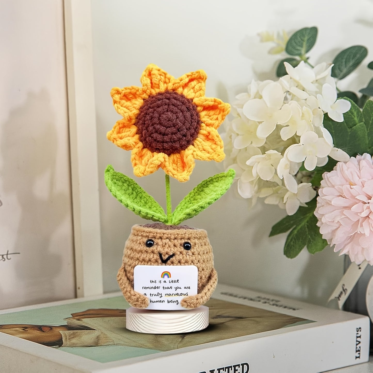 Handmade Crochet Sunflower Doll with Inspirational Card - Fabric Positivity Gift for Coworker, Friend, Teacher, Sister, Mom - Christmas, Birthday, Thank You Present for Women & Men - Home Decor No Electricity Needed, Crochet Doll