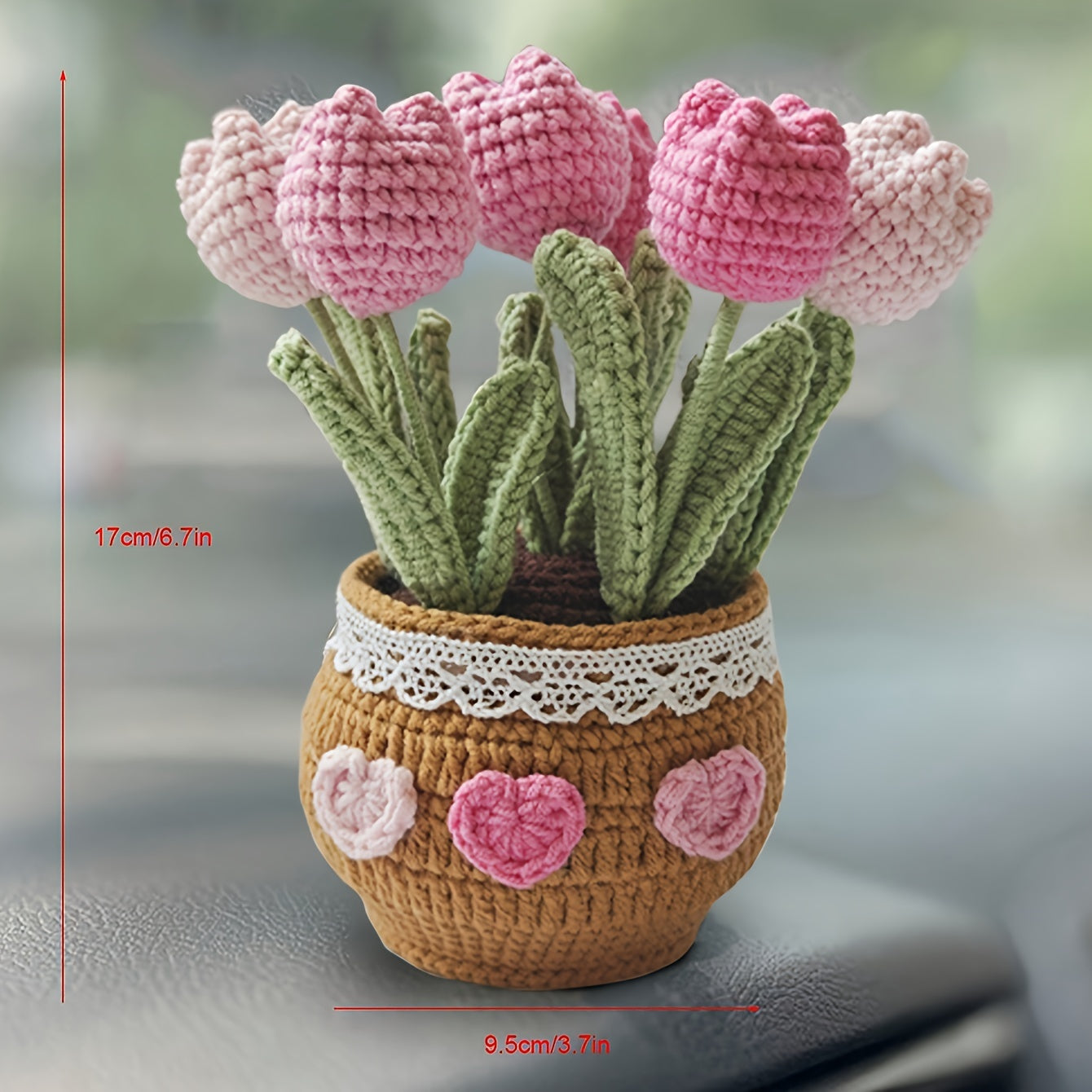 1Handmade Crochet Tulip Flower Pot Decoration for Car Dashboard,Eternal Fabric Floral Imitation Gemstone,Car Decoration,Home Gardening Lucky Twisting Line Potted Plants - Car Dashboard Hanging Decoration
