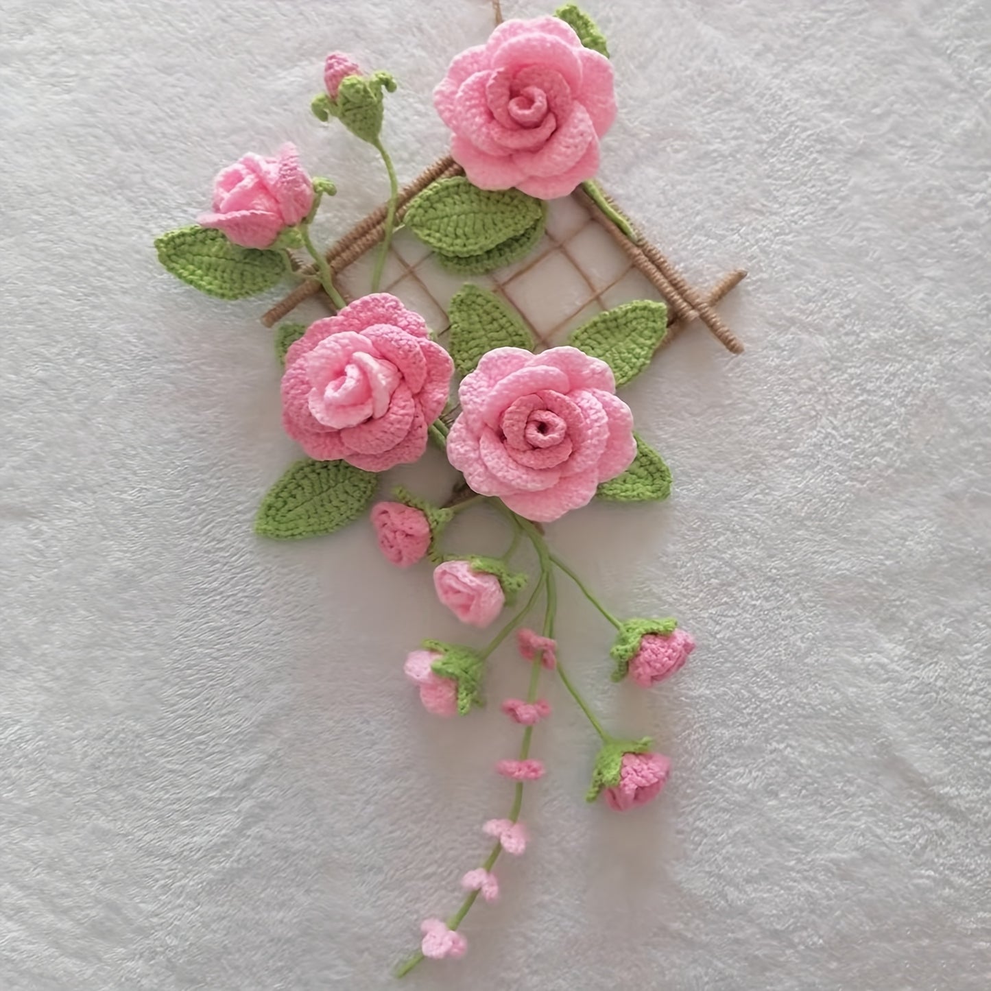 1Bohemian Crochet Flower Decorative Wall Hanging Set,DIY Interesting Spring Pink Floral Home Decor,Knitted Rose Artificial Flower Wall Hanging Decoration,Gift for Family、Friends、A housewarming gift for a colleague's new home
