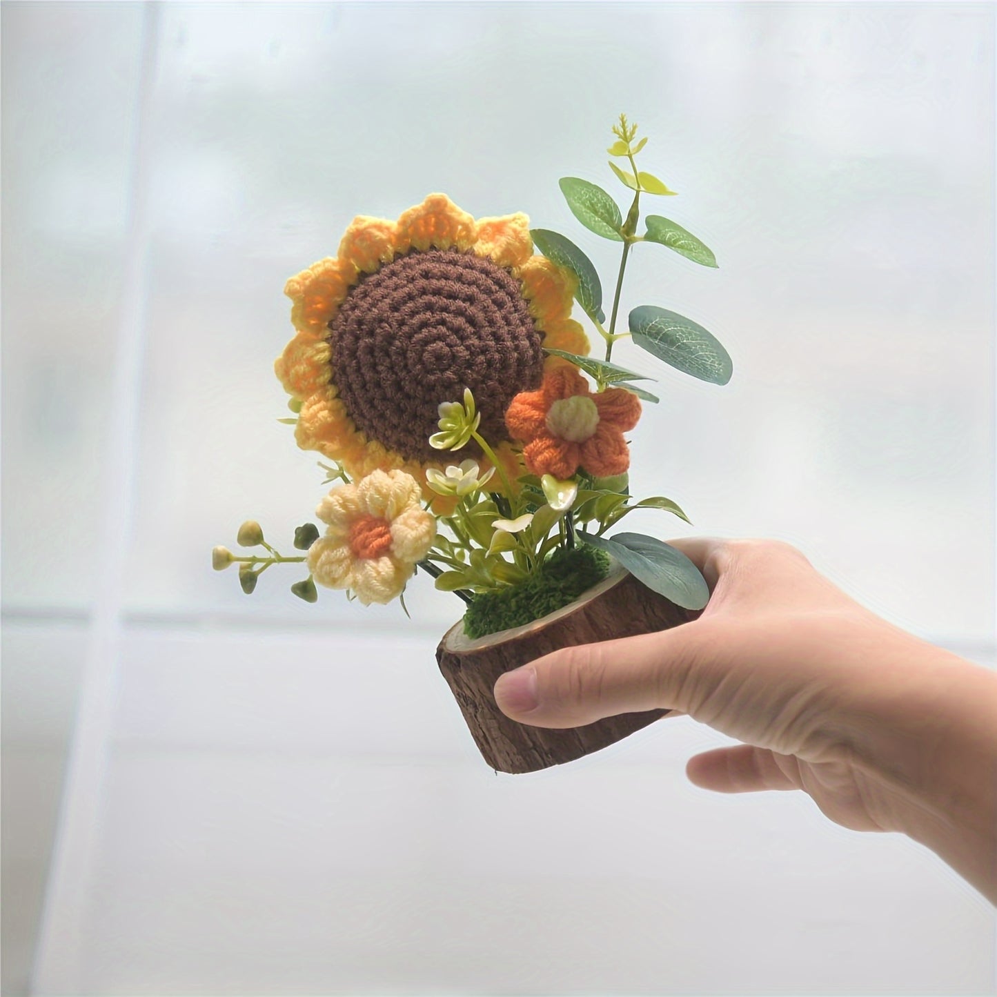 2Handmade Crochet Sunflower Flower,Knitted Mini Cute Potted Plant Home Desktop Decoration,Suitable for office desk、Gift,Sunflower