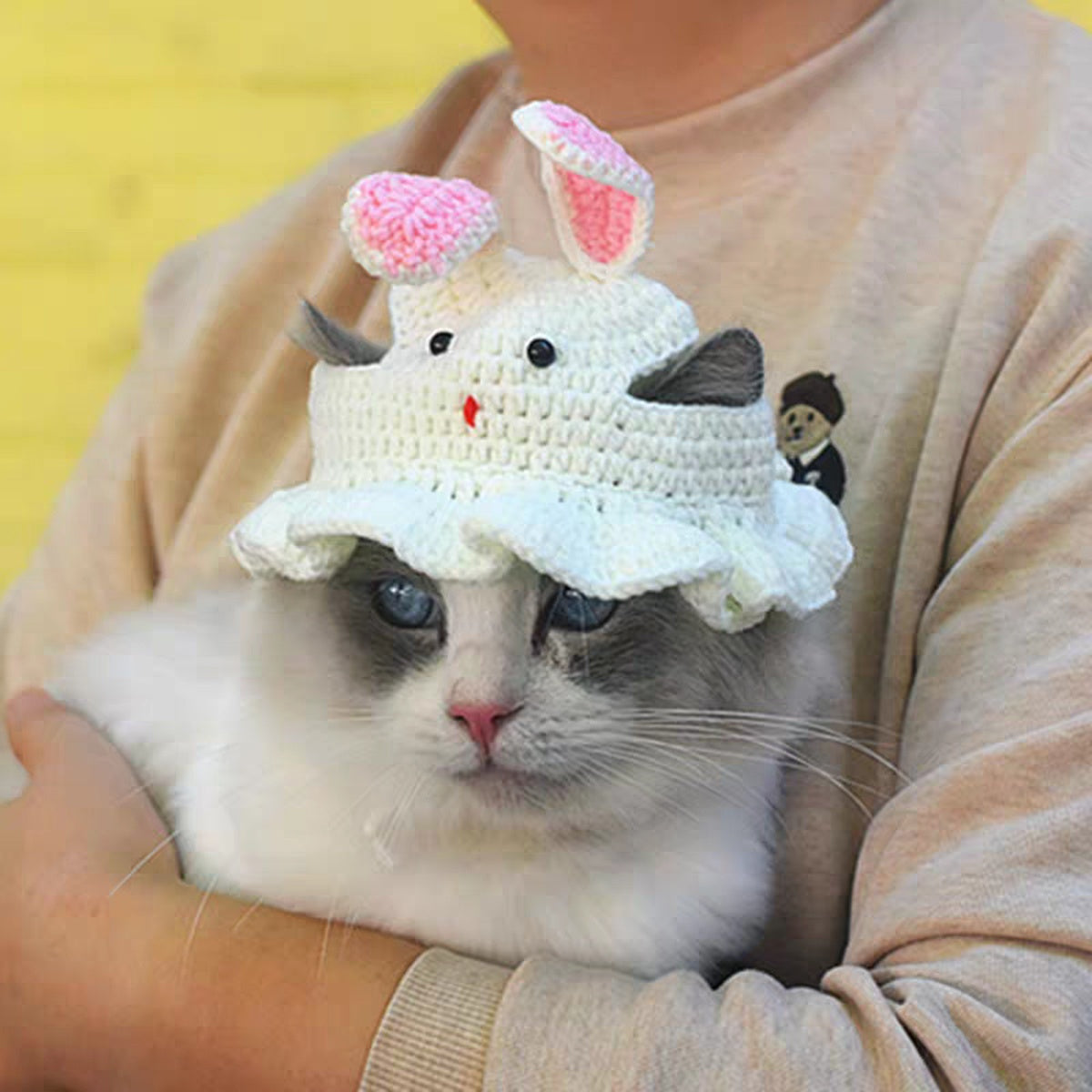 2Elegant Crochet Cat Hat with Bunny Ears,Ruffled edges and floral decorations - 100% Polyester Pet Clothing for Small to Medium Cats - Birthday、Holiday and Travel Photography Accessories - Comfortable Pet Clothing,Cute Bunny Theme,Comfortable Close-Fittin