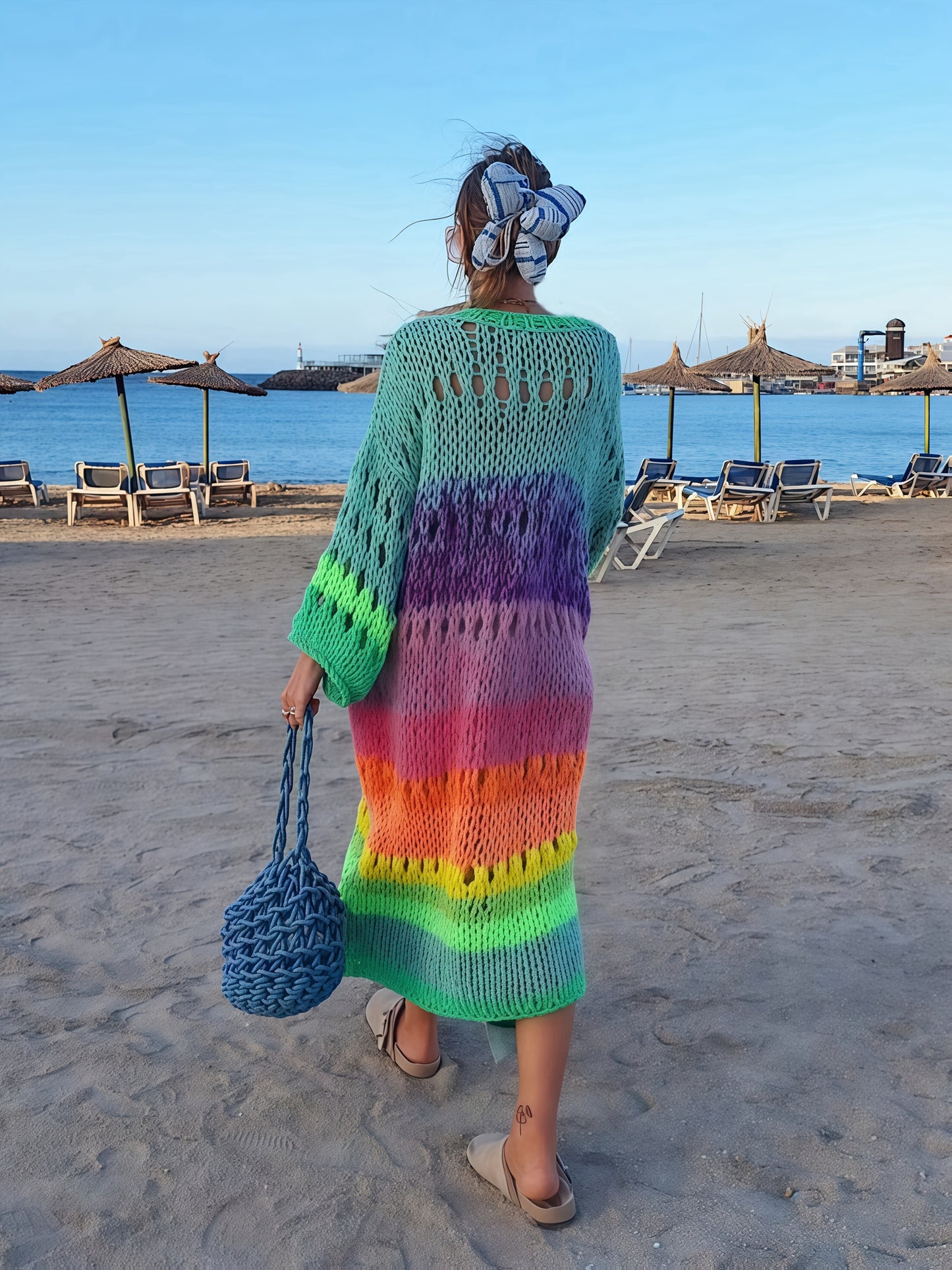 Luxurious hand- colorful Women's warm coat gradient bright color retro lantern sleeve ribbon cardigan fashionable boho long chic Women's coat Swimsuit Cover-ups K12