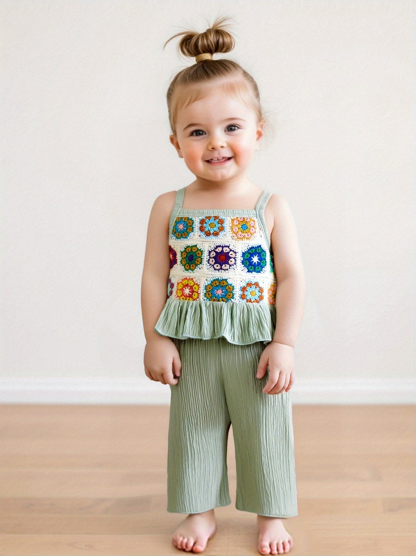 2pcs Boho Youngsters' Sleeveless Floral Crochet Knitted Ruffle Tank Cami Top & Wide Leg Pants Set - Elastic Waist, Linen Blend, Perfect for Summer Beach Outfits, Youngsters' Clothing | Floral Pattern Top | Crochet Knitted Fabric, Youngsters Clothes, for O