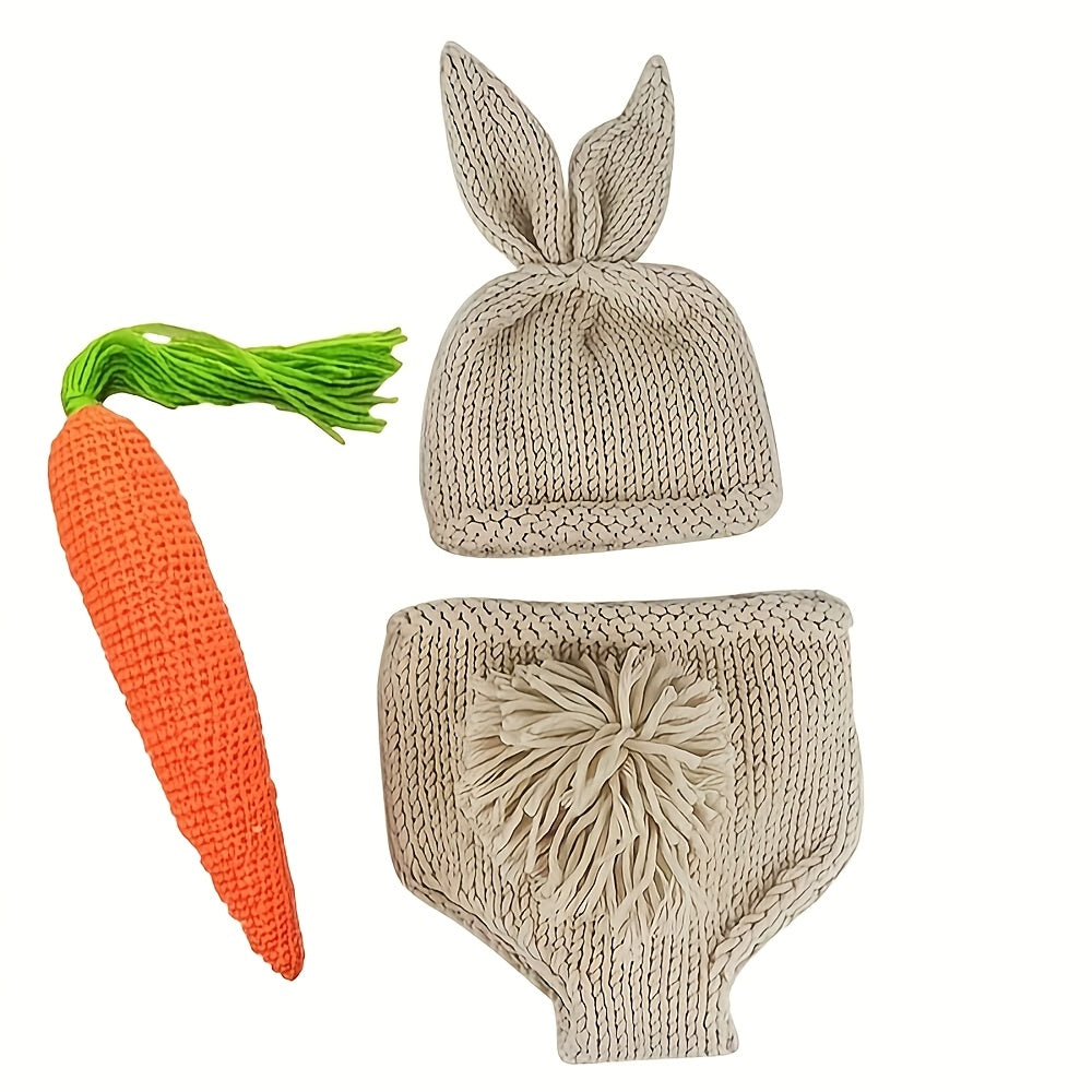One Set Handmade Cotton Blend Newborn Baby Rabbit Costume,Baby Bunny Photography Props,Crochet Costume with Ears Hat and Carrot Accessories