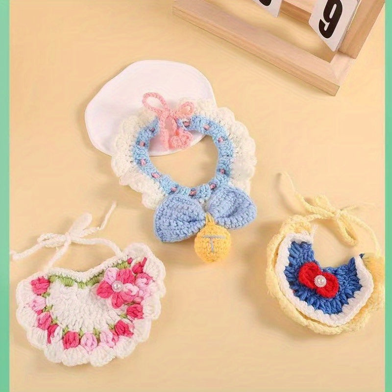 Handmade Crochet Pet Bib Collar(For Cats and Small Dogs)- Cute Animal Patterns(Bear、Rabbit、Lion)Pair with Floral and Polka Dot Patterns,Soft yarn material,Bright colors,Oval design is comfortable and easy to identify