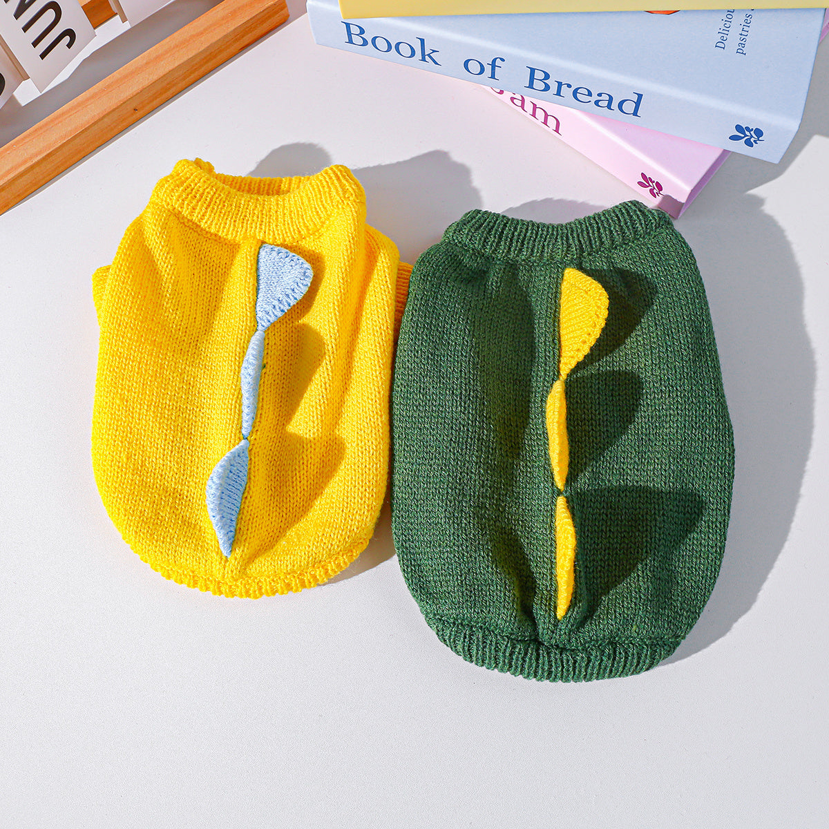 2 Piece Set Dinosaur Sweater Set - green + Yellow Pet Supplies Puppy Supplies Cat Supplies Sweater Set with High Collar