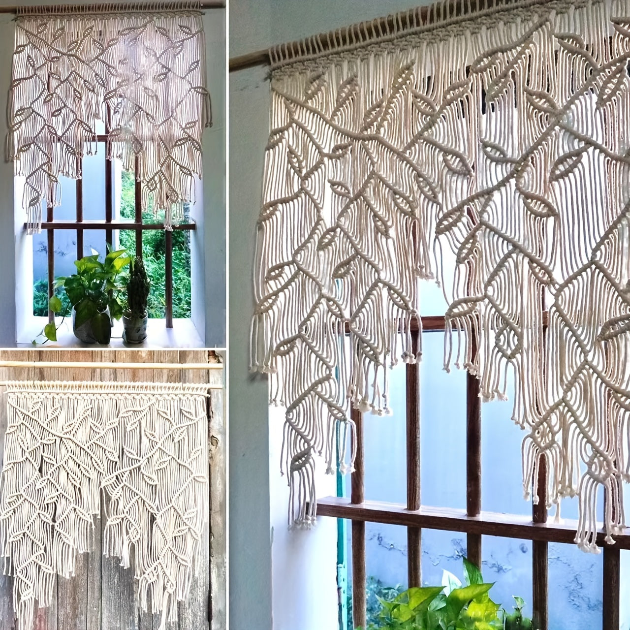 Handmade bohemian Leaf Pattern Tassel Tapestry - Large Size White and Beige Textured Wall Decoration,Suitable for Living Room、Bedroom、Office decorations,No Electricity Required Modern Home Art,Enhance the Aesthetic Appeal of the Room,Natural Style Handicr