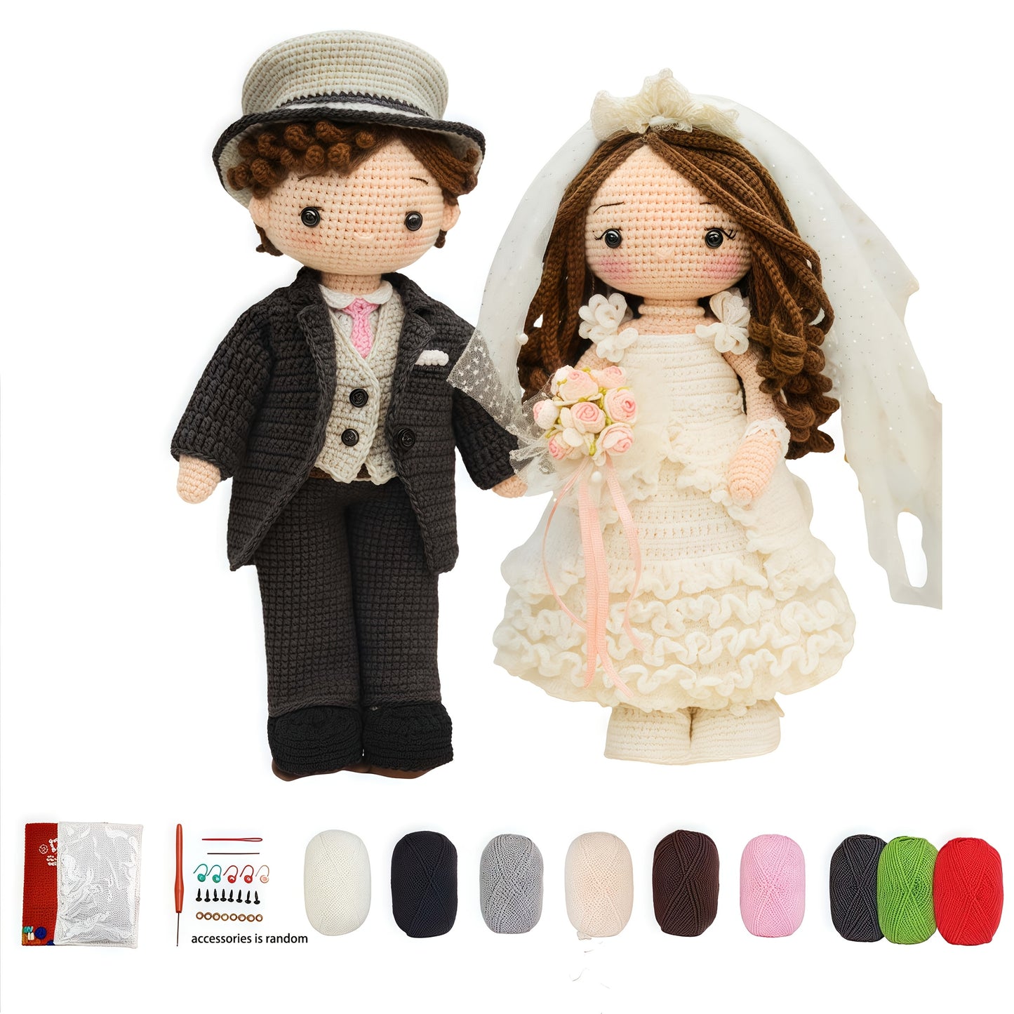 Beginner Crochet Kit for Adults - DIY Newlywed Couple Pattern Yarn Set with Step-by-Step Video Tutorials, Romantic Wedding Figurine, Ideal for Home Decor and Gifts, Beginner Crochet Projects|Decorative Item|Knitted Texture, Crochet Kit for Beginners, Wedd