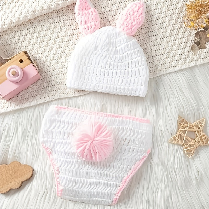 1Handmade Crochet Rabbit Costume,Suitable for Newborns - Cotton Blend Baby Photo Props - Unisex Baby Bunny Costume,With a knitted hat and pants