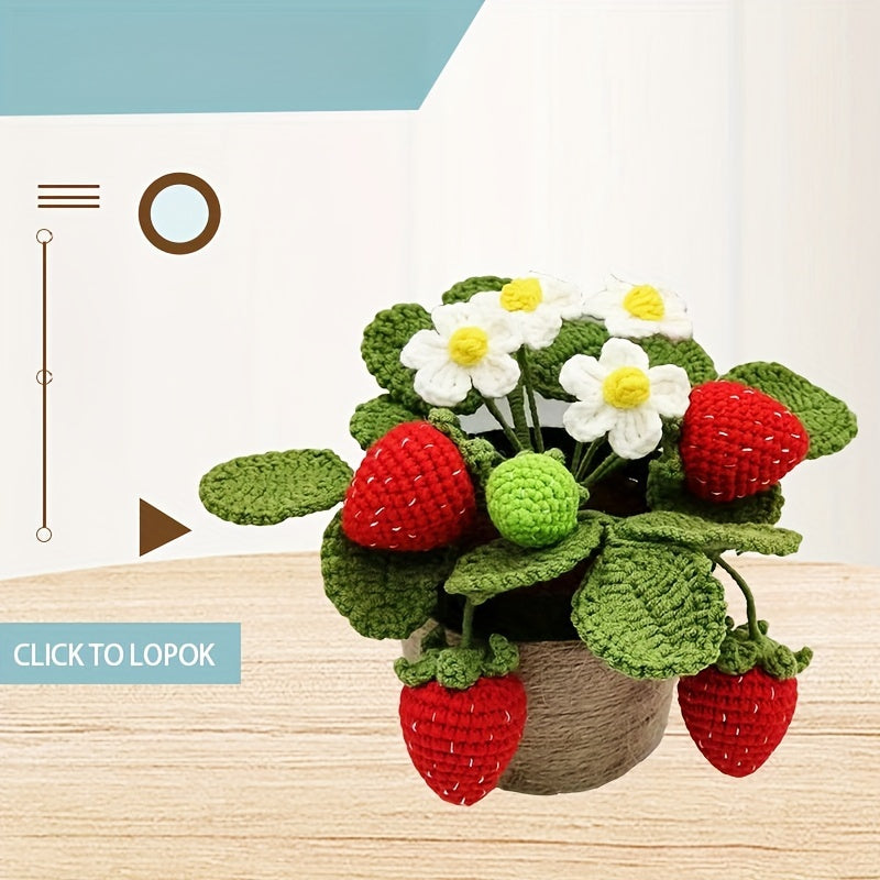 Handmade Crochet Strawberry Potted Plant - Faux Velvet Flower Decoration,Pot included,Suitable for home and party table display