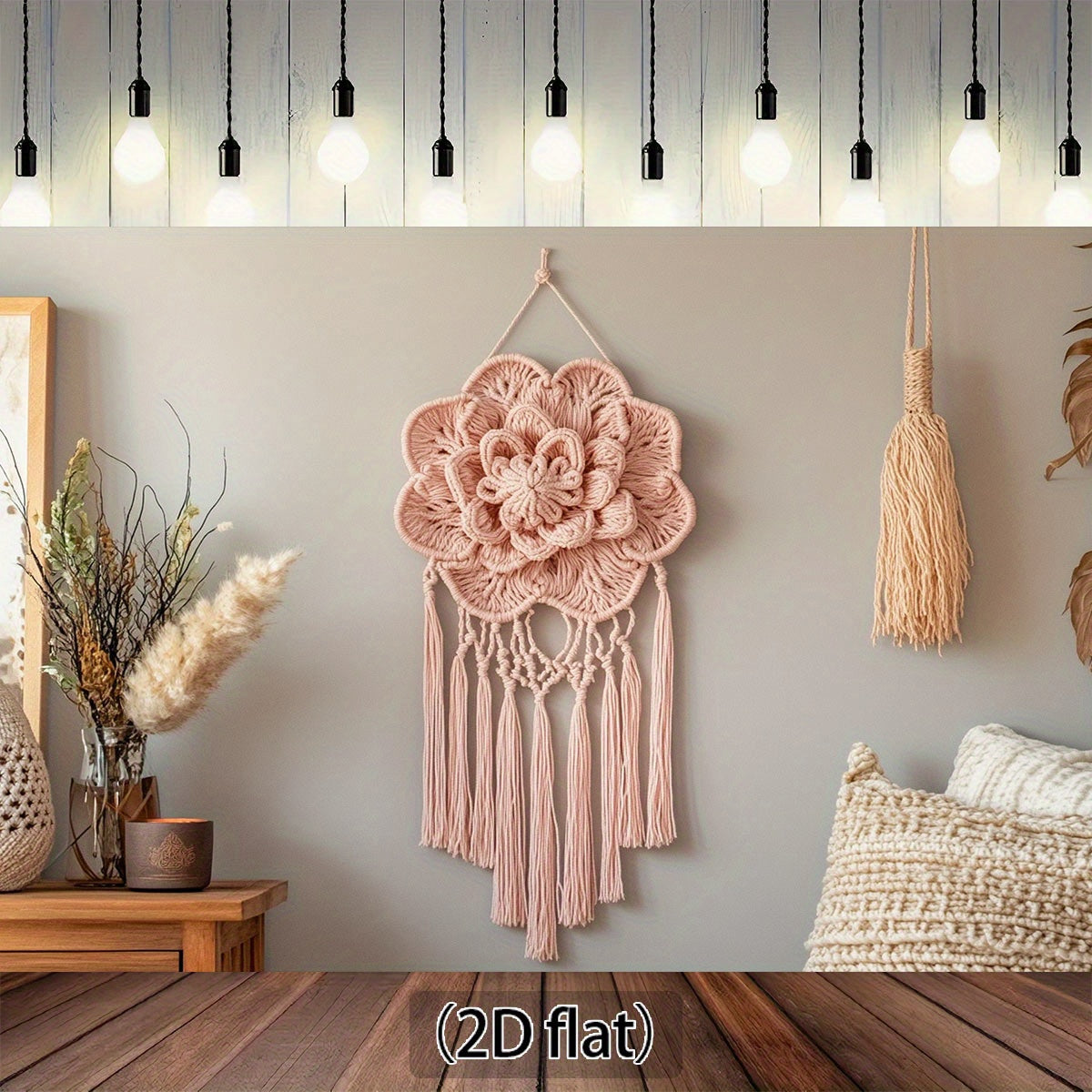 A Bohemian Style Floral Macron Wall Hanging,Comes with a wooden base and cushion - Pink tassel decoration,Suitable for Families、Office or photography backdrop,No Electricity Required,Multi-Purpose,Suitable for All Occasions,Home Decorations | Bohemian Sty