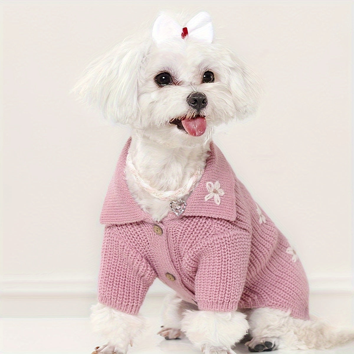 1Soft Knitted Pet Sweater,With floral button closure - All-Season Small Dog and Cat Cardigan,Pink and white edge design,Durable and Comfortable Pet Clothing,Exquisite Sewing,Breathable Material,Exclusive for Cat Lovers