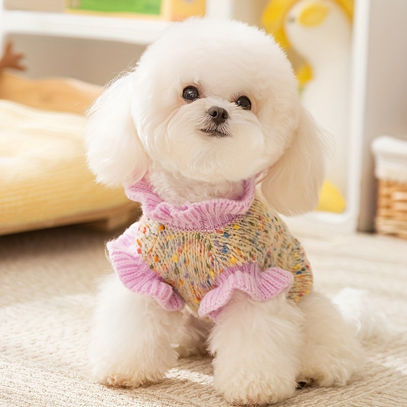 Autumn Winter Dog Sweater - Colorful Floral Pattern Knit Pullover with Ruffle Trim,Warm and Soft Small Dog Clothing,plaid Pet Clothes for Cold Weather,High Quality Craft
