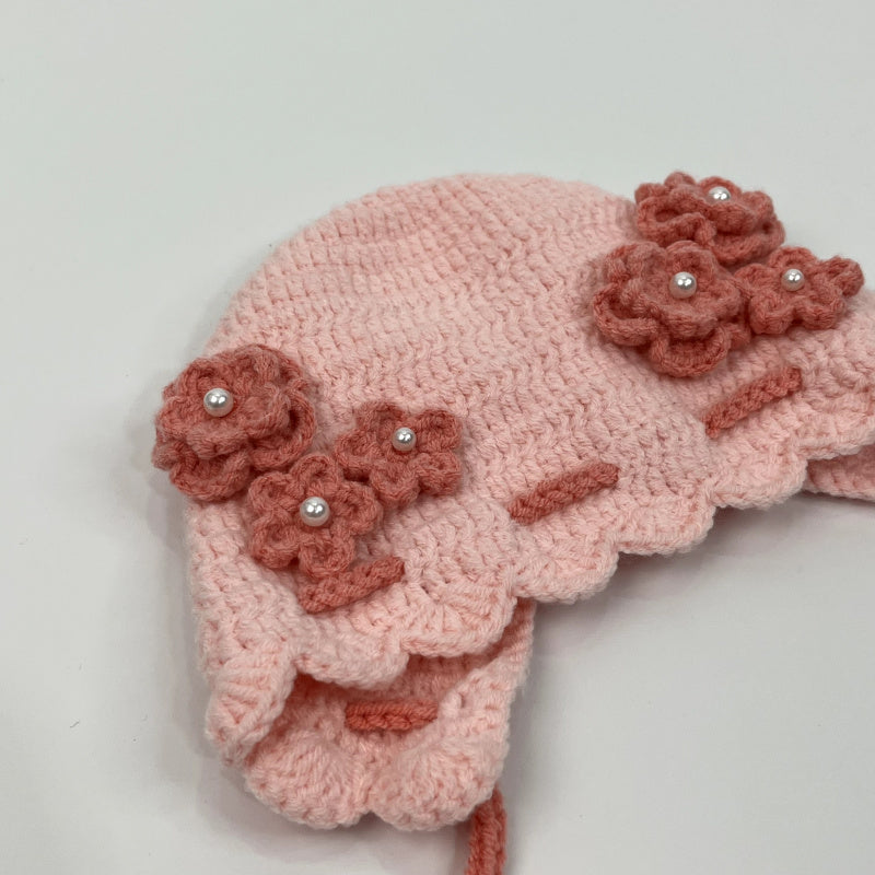 Customized products Handmade Crocheted Flower Decorated Baby Hat Cute Drawstring Baby Hat
