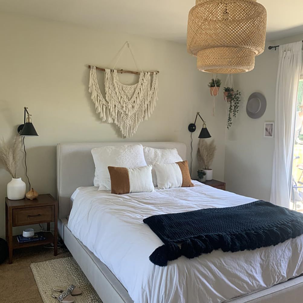 39 Inches Wide x 31 Inch Long Bohemian Style Driftwood Wall Hanging Tapestry,Featuring white tassels and intricate crochet patterns - Perfect for Bedroom、Living Room、Apartment and Wedding Decoration、Home Decoration and Accessories