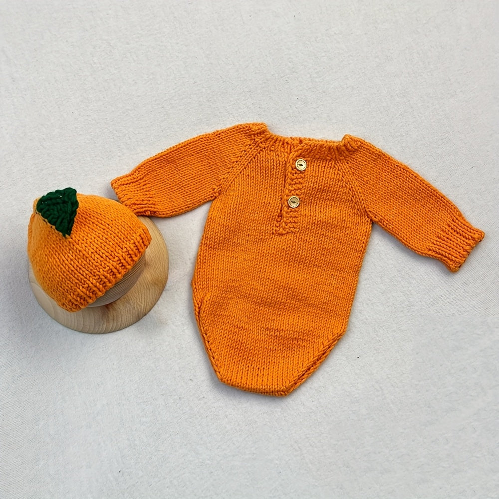 Newborn Photography Outfit Orange Theme Knit Hat and Long Sleeve Romper Studio Photo Shooting Accessories Set Easter Shower Gift for Baby Girl Boy