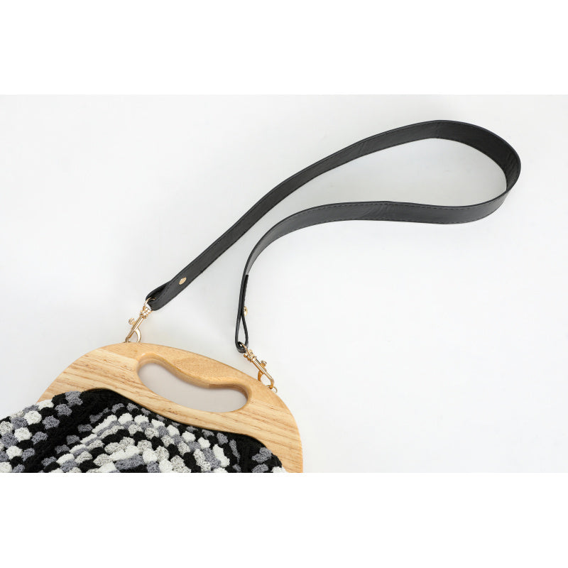 Vintage Handmade Black and White Crocheted Wooden Handle Crossbody Bag Leather Long Shoulder Strap+Metal Fasteners Mori Artistic Woven Bag