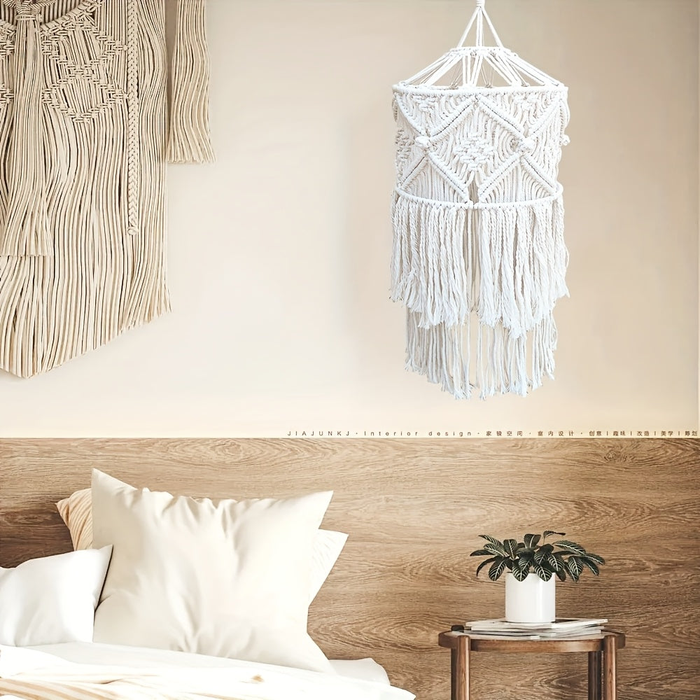 Bohemia style grids Handwoven Tassel Lampshade - Large Decorative Hanging Lampshade,No Battery Required(Lamp not included),Handmade,Chandelier