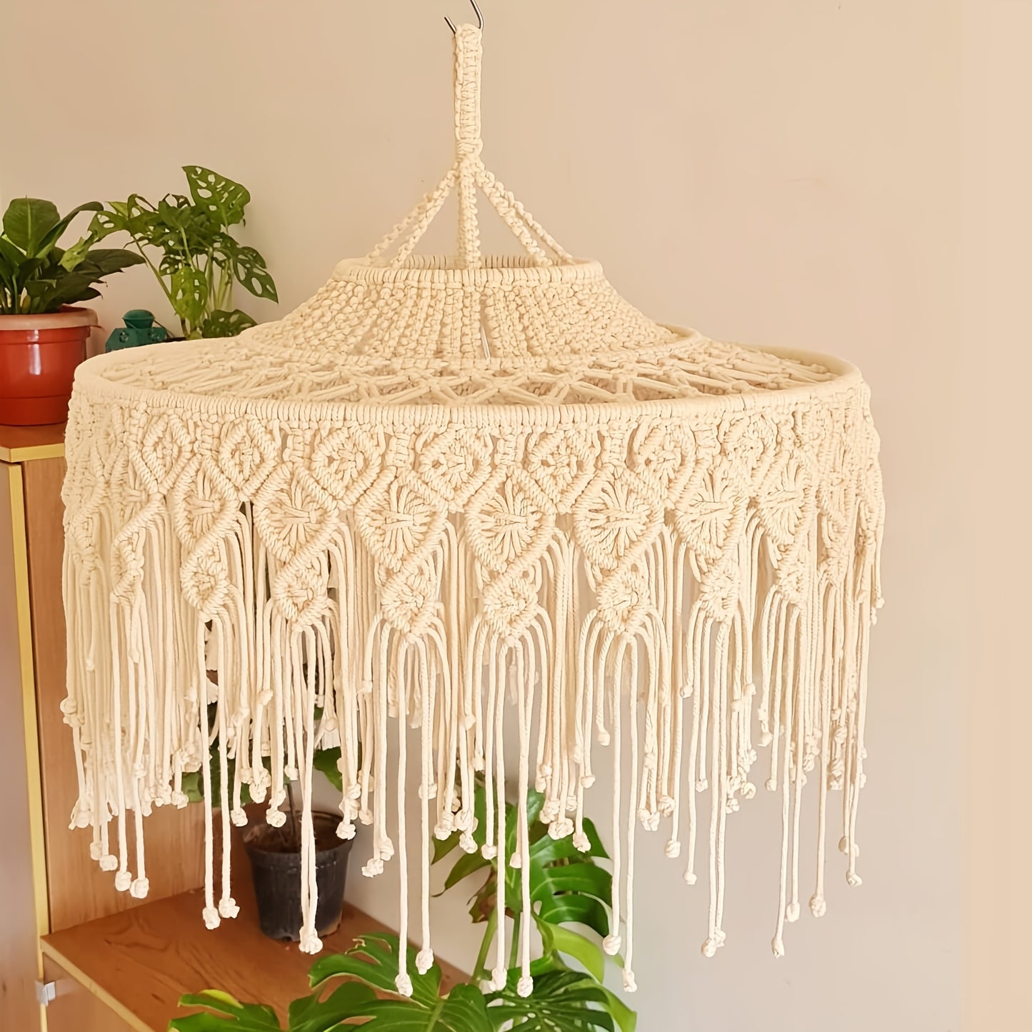 1Large Bohemian Style Woven Lampshade - Long Tassel Ceiling Light Shade,Beige/Waterfall Chain Design,Suitable for Living Room、Bedroom、Terrace - No Power Supply Required,Decorative Lighting Accents,Artistic Home Decor,Hand-woven Fabric,Exclusive for Interi