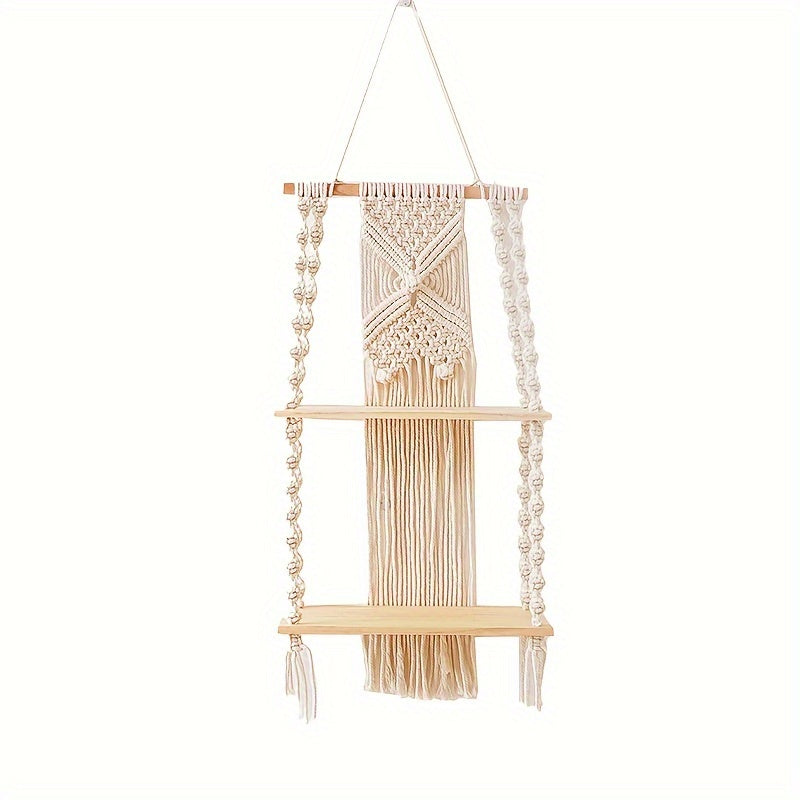 Bohemian Style Handwoven Wall Hanging,Double-layer Floating Rack,Natural Wood Style Home Decor Storage Rack,Suitable for bedroom and bathroom,Plant Display Stand with Rope,Indoor Use