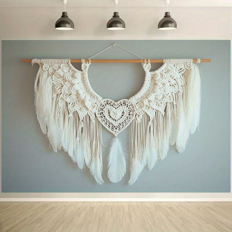 Bohemian Style Crochet Feather Heart Pendant - Polyester Texture Tapestry Wall Decoration,Suitable for Living Room、Bedroom and Party Decoration,No Electricity Needed Rustic Home Decor,Bohemian Style Handwoven,Retro Fashion,Exquisite Details,Feather embell