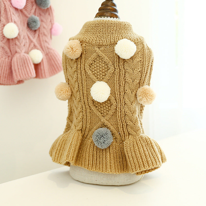 Puppy Pet Clothes Autumn Winter Knitted Warm Sweater Teddy Bichon Small Dog Pullover Yarn Dress-Pleated Wool Dress