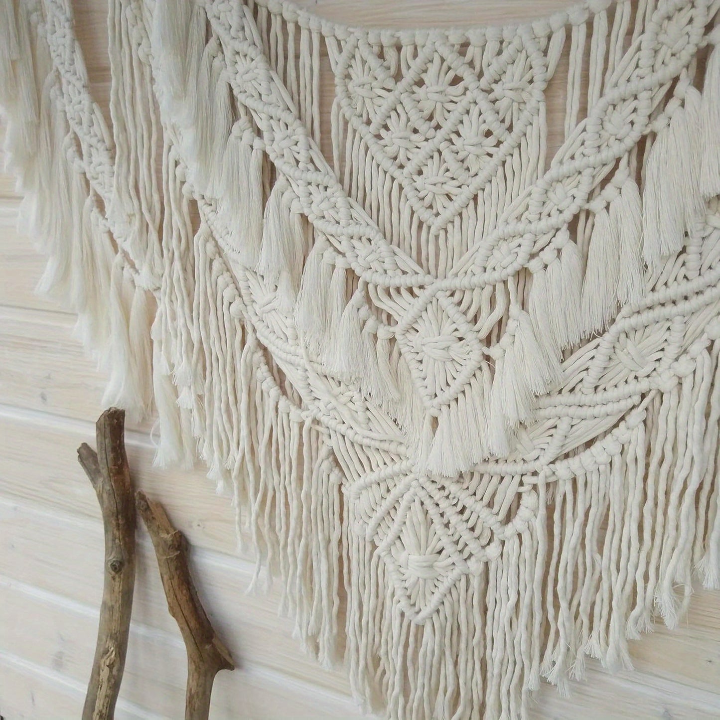 39 Inches Wide x 31 Inch Long Bohemian Style Driftwood Wall Hanging Tapestry,Featuring white tassels and intricate crochet patterns - Perfect for Bedroom、Living Room、Apartment and Wedding Decoration、Home Decoration and Accessories