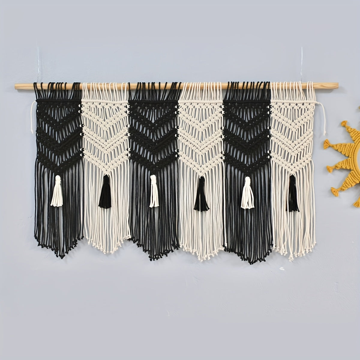 1Bohemian Style Black and White Contrast Fiber Art Tapestry with Tassels Flag Background Wall Hanging Handwoven Living Room Bedroom Bedside Fabric Partition Door Curtain - Does not include wooden poles