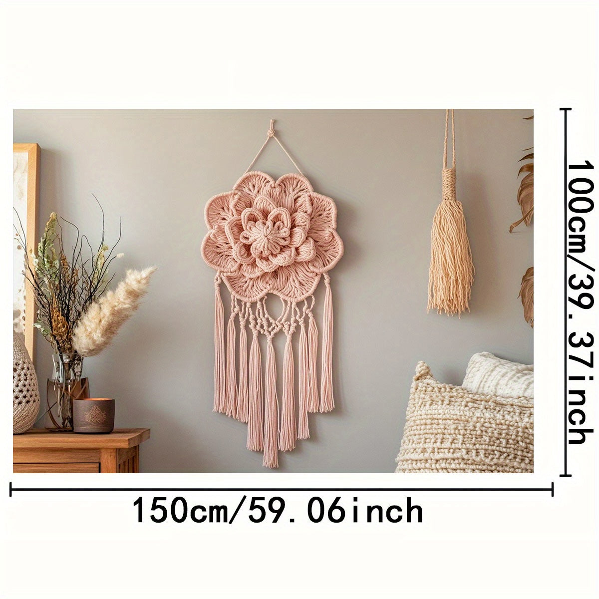A Bohemian Style Floral Macron Wall Hanging,Comes with a wooden base and cushion - Pink tassel decoration,Suitable for Families、Office or photography backdrop,No Electricity Required,Multi-Purpose,Suitable for All Occasions,Home Decorations | Bohemian Sty