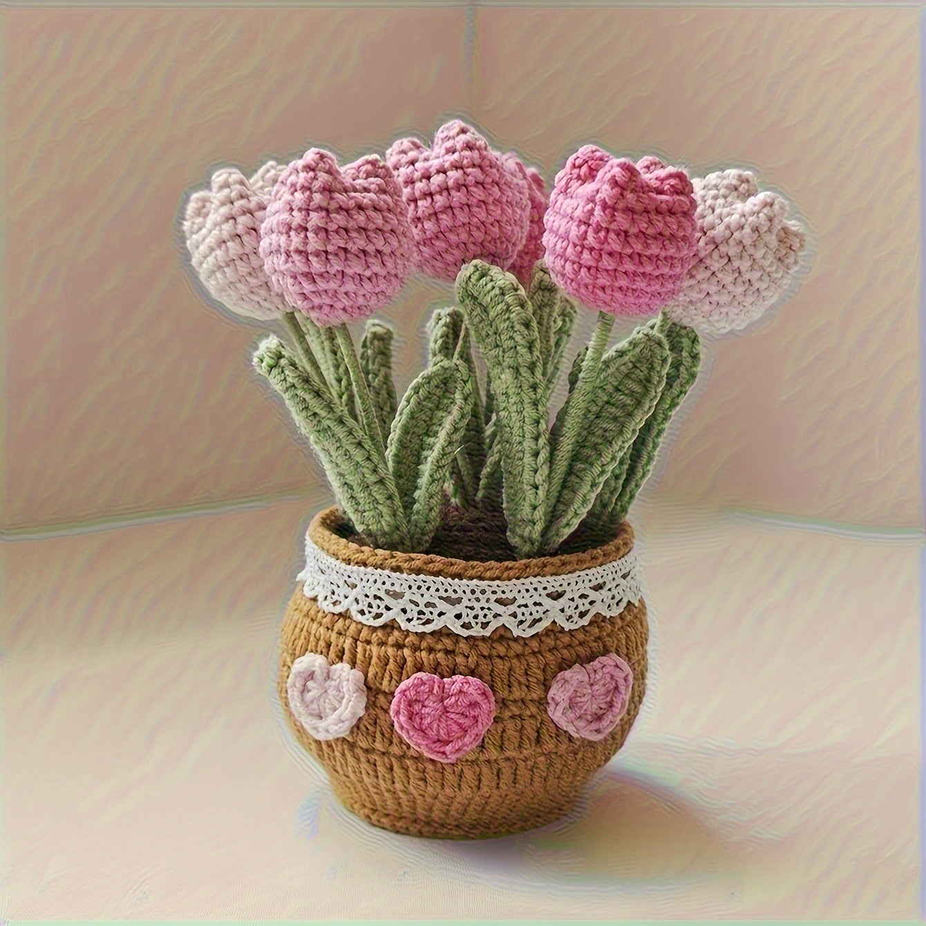 1Handmade Crochet Tulip Flower Pot Decoration for Car Dashboard,Eternal Fabric Floral Imitation Gemstone,Car Decoration,Home Gardening Lucky Twisting Line Potted Plants - Car Dashboard Hanging Decoration
