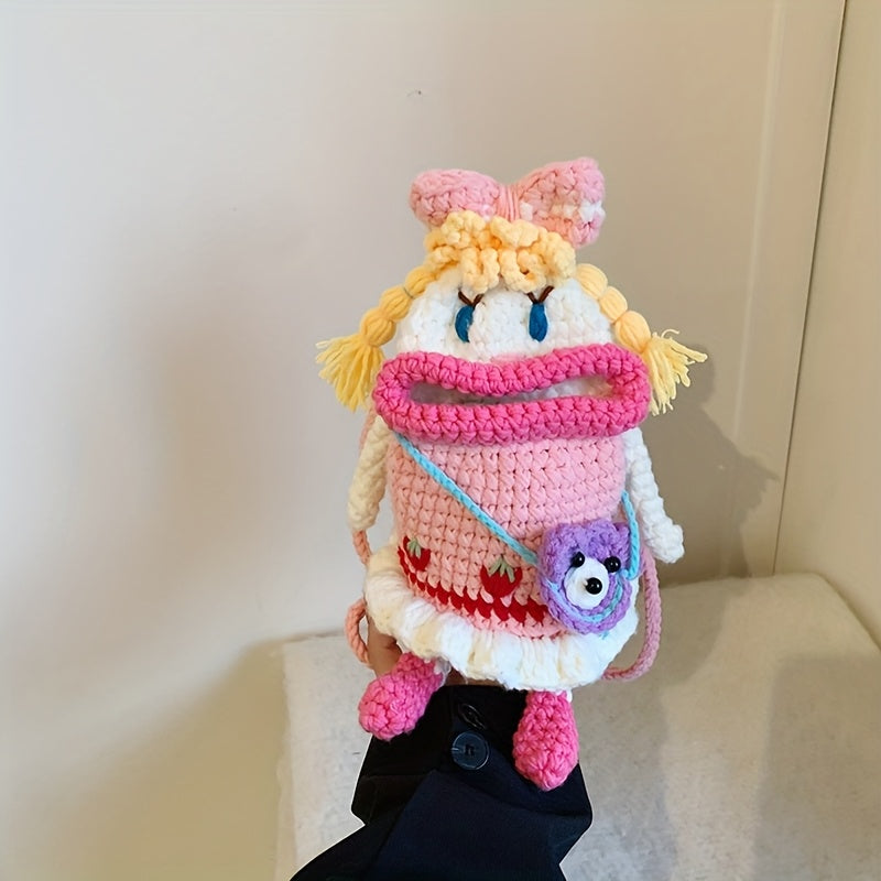1PC,Handmade Crochet Bag Finished Product Quirky Girl Bag,Cute Sausage Mouth Knitted Bag,Unique Gifts,Women's Crossbody Bag for Mobile Phone,Creative Finished Yarn Shoulder Bag-No Lining