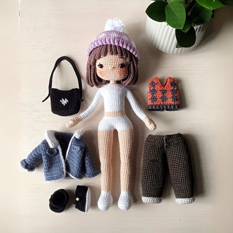 7pcs Crochet Kit for Beginners - Cool Girl in Denim Jacket, Cute Character Crochet Set with Step-by-Step Video Tutorial, Ideal for Backpack Charms, Home Decor, Mother'S Day & Valentine'S Gift, Wedding Display!