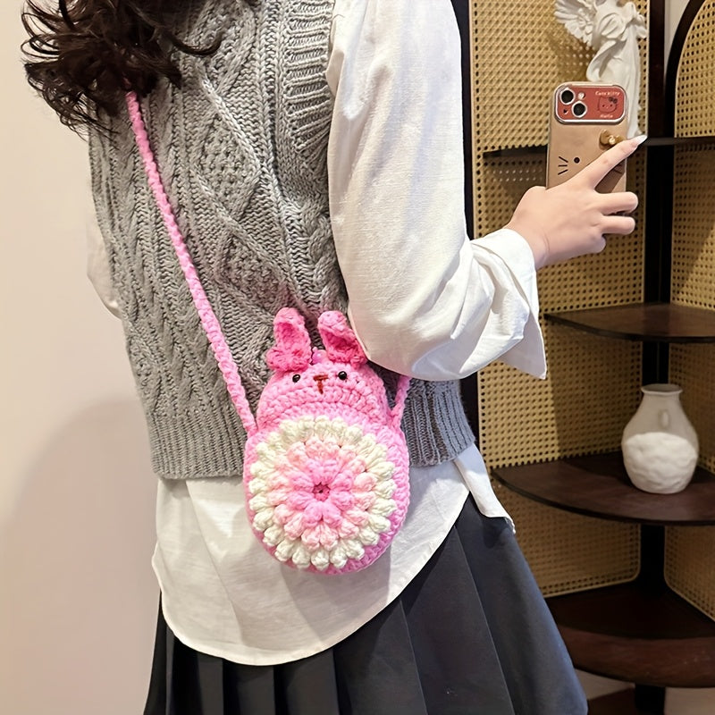Handmade Crochet Rabbit Crossbody Bag - Adjustable Shoulder Strap,Cute Bunny Design,Suitable for mobile phones/Card/Change,Pink and yellow sweet style,Korean and Japanese Style Women's Fashion Accessories,Practical Small Bag,Fabric Craft,Simple Style,Soft