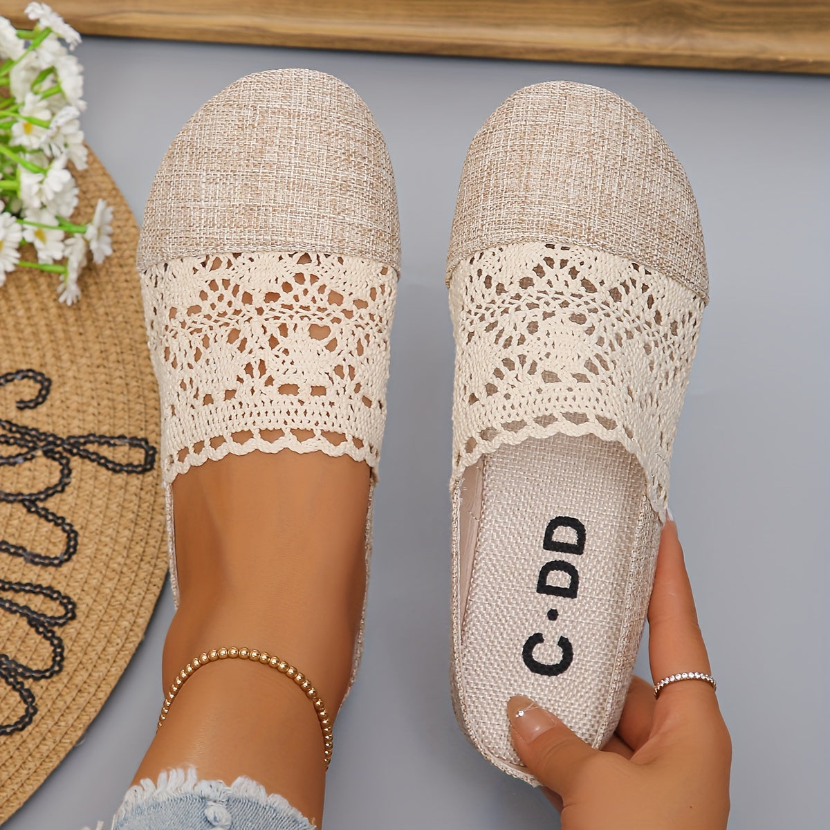 Women'S Casual Slip-On Mules - Breathable Linen and Mesh Summer Sandals, Flat Heel, Lightweight TPR Sole, Outdoor Comfort, Crochet Shoe Design | Knitted Texture Footwear, Comfortable Footwear | Crochet Pattern | Breathable Sandals