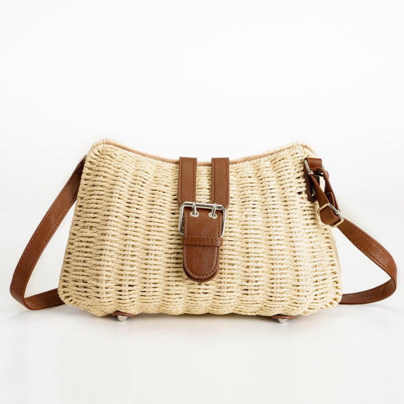 Forest Style Handwoven Tote Bag Top Layer Cowhide Flip Cover Metal Buckle Adjustable Strap Dual-use Bag Non-slip Base Design