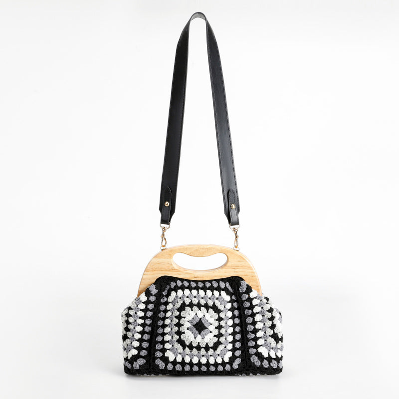 Vintage Handmade Black and White Crocheted Wooden Handle Crossbody Bag Leather Long Shoulder Strap+Metal Fasteners Mori Artistic Woven Bag