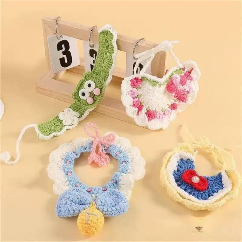 Handmade Crochet Pet Bib Collar(For Cats and Small Dogs)- Cute Animal Patterns(Bear、Rabbit、Lion)Pair with Floral and Polka Dot Patterns,Soft yarn material,Bright colors,Oval design is comfortable and easy to identify